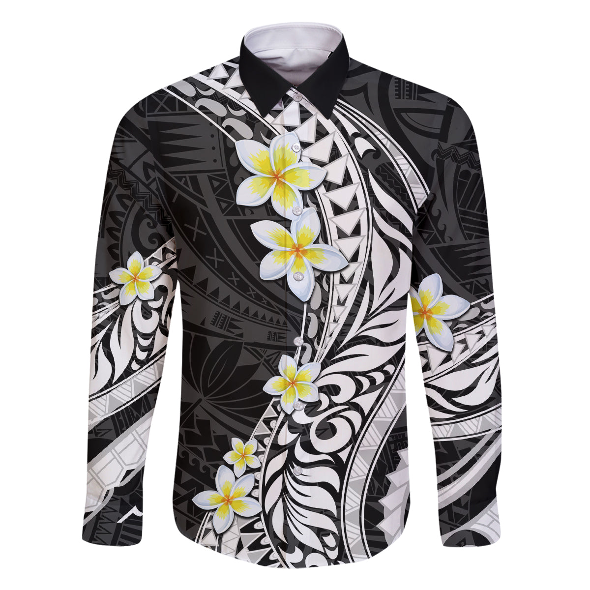 Hawaii Aloha Family Matching Off Shoulder Short Dress and Hawaiian Shirt Plumeria Vintage - Black LT7 Dad's Shirt - Long Sleeve Black - Polynesian Pride