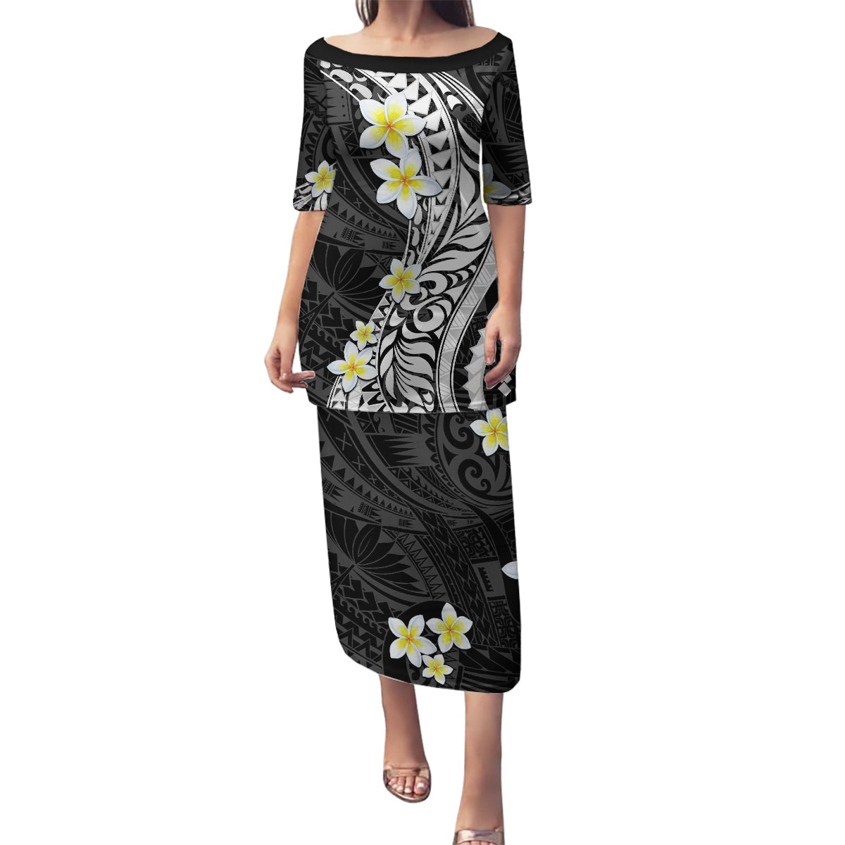 Hawaii Aloha Family Matching Puletasi Dress and Hawaiian Shirt Plumeria Vintage - Black LT7 Mom's Dress Black - Polynesian Pride