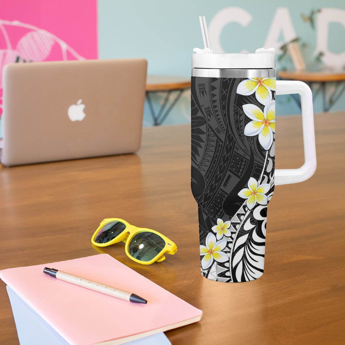 Hawaii Aloha Tumbler With Handle Plumeria Vintage - Black