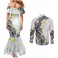 Hawaii Aloha Couples Matching Mermaid Dress and Long Sleeve Button Shirt Plumeria Vintage - White LT7 - Polynesian Pride
