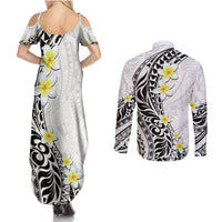Hawaii Aloha Couples Matching Summer Maxi Dress and Long Sleeve Button Shirt Plumeria Vintage - White LT7 - Polynesian Pride