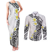 Hawaii Aloha Couples Matching Tank Maxi Dress and Long Sleeve Button Shirt Plumeria Vintage - White LT7 White - Polynesian Pride