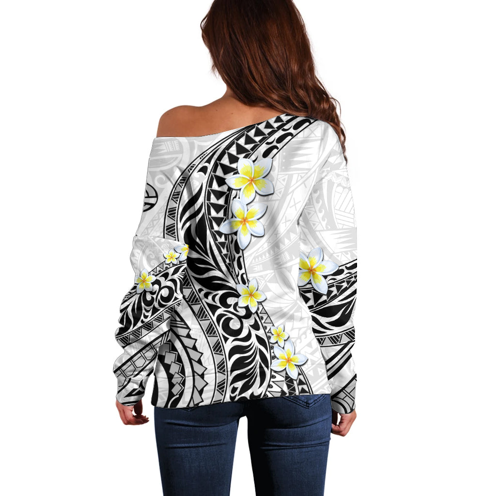 Hawaii Aloha Off Shoulder Sweater Plumeria Vintage - White LT7 - Polynesian Pride