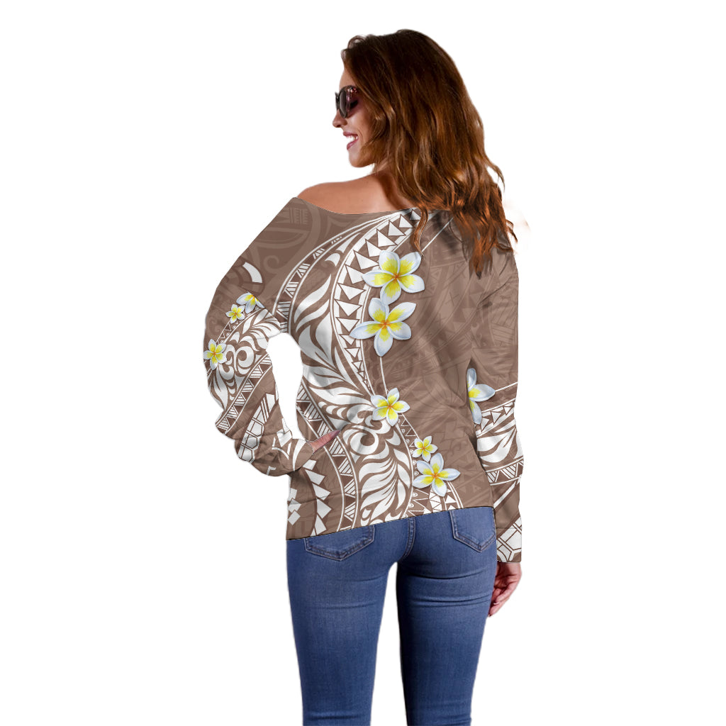 Hawaii Aloha Off Shoulder Sweater Plumeria Vintage - Brown LT7 - Polynesian Pride