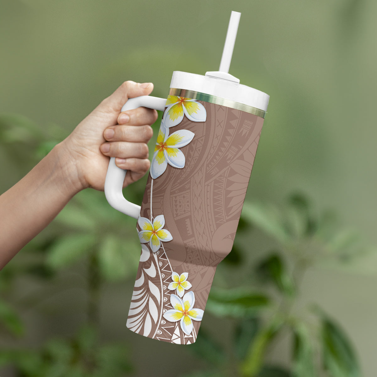 Hawaii Aloha Tumbler With Handle Plumeria Vintage - Beige