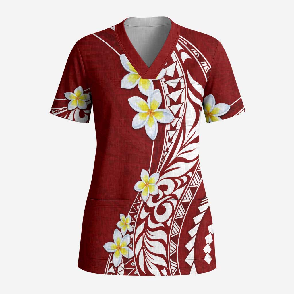 Hawaii Aloha Scrub Top Plumeria Vintage - Crimson - Polynesian Pride