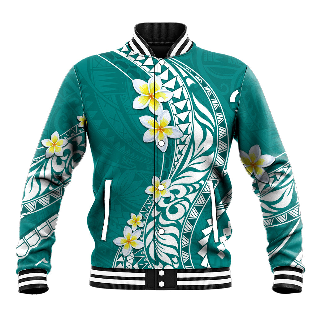 Hawaii Aloha Baseball Jacket Plumeria Vintage - Teal LT7 Unisex Teal - Polynesian Pride