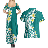 Hawaii Aloha Couples Matching Summer Maxi Dress and Hawaiian Shirt Plumeria Vintage - Teal LT7 - Polynesian Pride