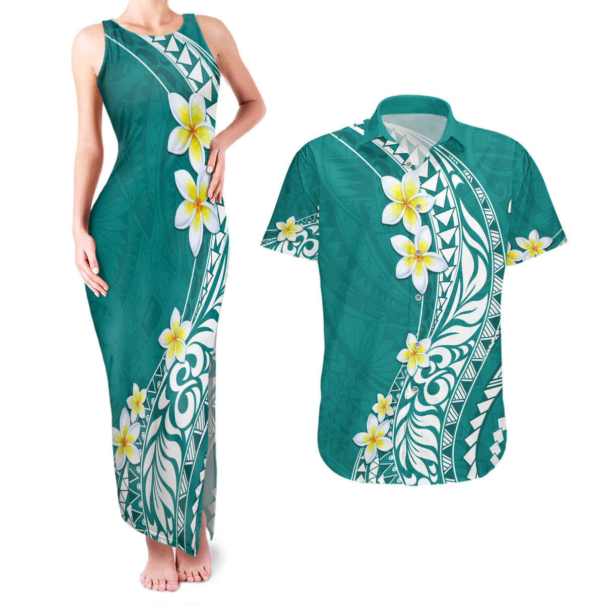 Hawaii Aloha Couples Matching Tank Maxi Dress and Hawaiian Shirt Plumeria Vintage - Teal LT7 Teal - Polynesian Pride