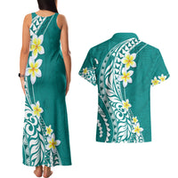 Hawaii Aloha Couples Matching Tank Maxi Dress and Hawaiian Shirt Plumeria Vintage - Teal LT7 - Polynesian Pride