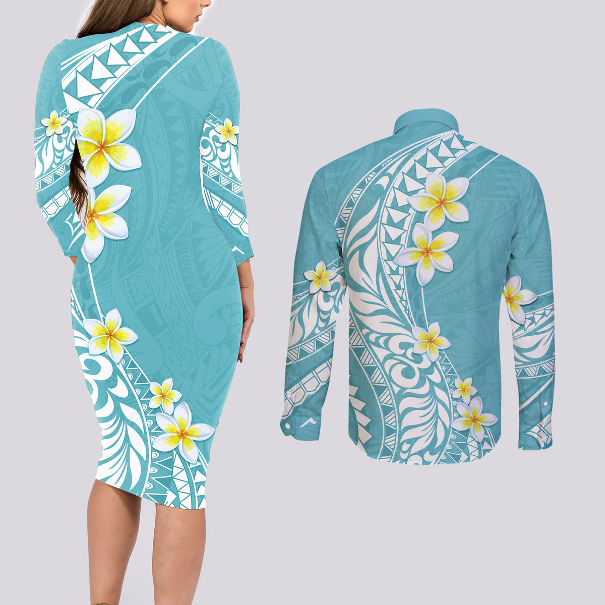 Hawaii Aloha Couples Matching Long Sleeve Bodycon Dress and Long Sleeve Button Shirt Plumeria Vintage - Turquoise LT7 - Polynesian Pride