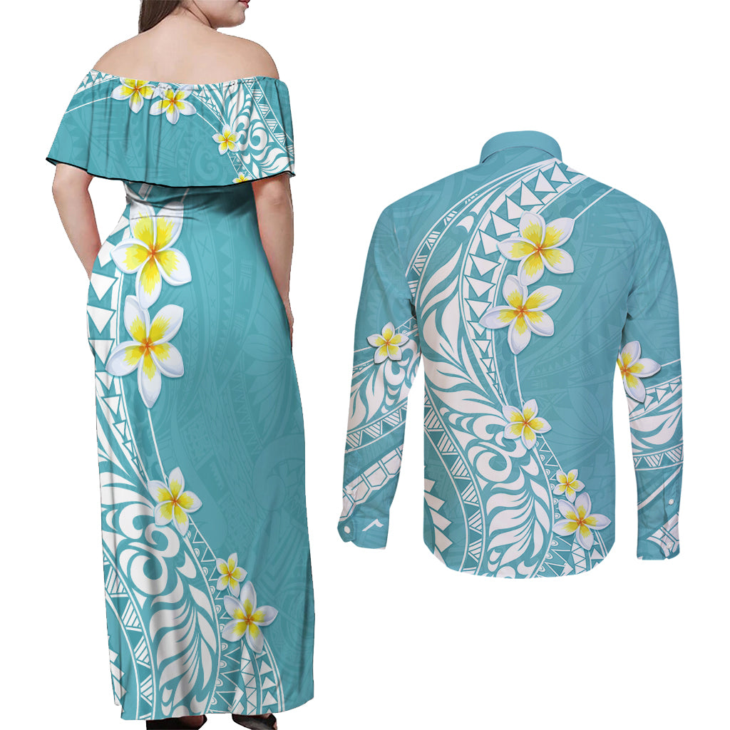 Hawaii Aloha Couples Matching Off Shoulder Maxi Dress and Long Sleeve Button Shirt Plumeria Vintage - Turquoise LT7 - Polynesian Pride