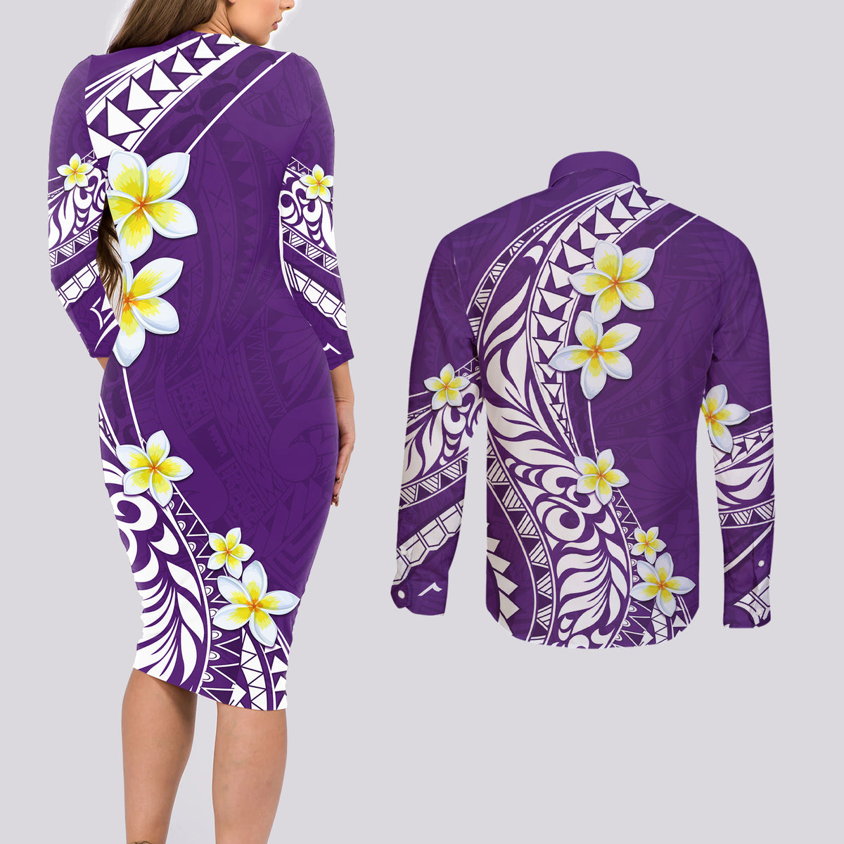 Hawaii Aloha Couples Matching Long Sleeve Bodycon Dress and Long Sleeve Button Shirt Plumeria Vintage - Violet LT7 - Polynesian Pride