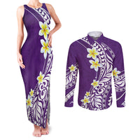 Hawaii Aloha Couples Matching Tank Maxi Dress and Long Sleeve Button Shirt Plumeria Vintage - Violet LT7 Violet - Polynesian Pride