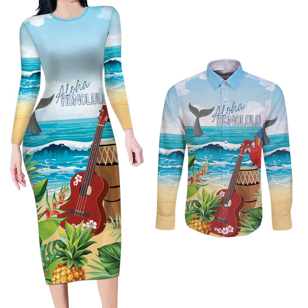 Aloha Honolulu Festival Couples Matching Long Sleeve Bodycon Dress and Long Sleeve Button Shirt Ukulele By The Shore