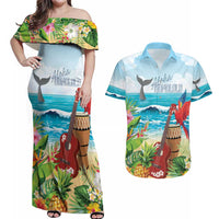 Aloha Honolulu Festival Couples Matching Off Shoulder Maxi Dress and Hawaiian Shirt Ukulele By The Shore LT7 Art - Polynesian Pride