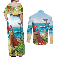 Aloha Honolulu Festival Couples Matching Off Shoulder Maxi Dress and Long Sleeve Button Shirt Ukulele By The Shore LT7 - Polynesian Pride