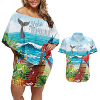 Aloha Honolulu Festival Couples Matching Off Shoulder Short Dress and Hawaiian Shirt Ukulele By The Shore LT7 Art - Polynesian Pride