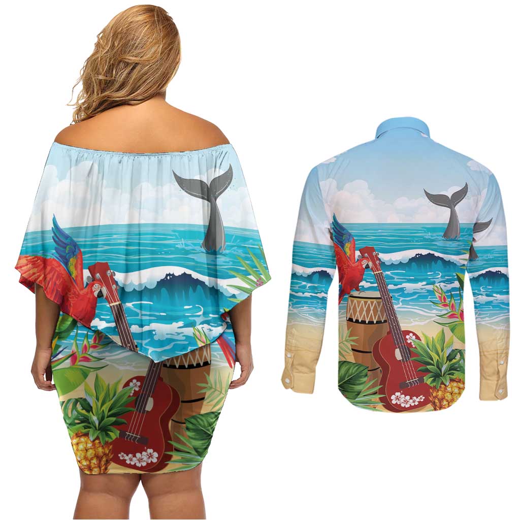 Aloha Honolulu Festival Couples Matching Off Shoulder Short Dress and Long Sleeve Button Shirt Ukulele By The Shore LT7 - Polynesian Pride