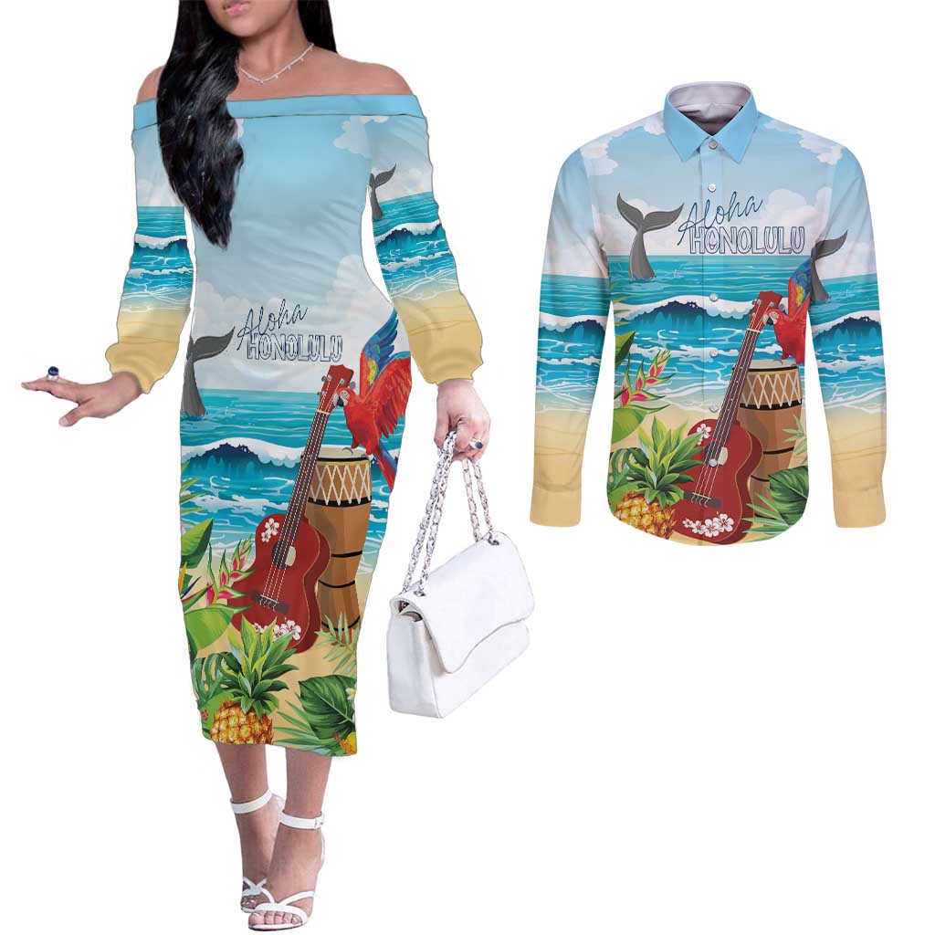 Aloha Honolulu Festival Couples Matching Off The Shoulder Long Sleeve Dress and Long Sleeve Button Shirt Ukulele By The Shore LT7 Art - Polynesian Pride