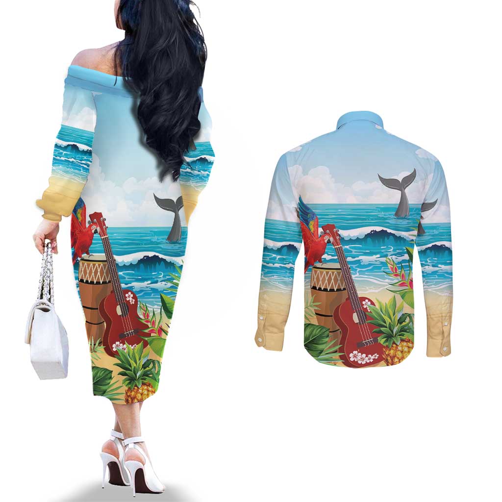 Aloha Honolulu Festival Couples Matching Off The Shoulder Long Sleeve Dress and Long Sleeve Button Shirt Ukulele By The Shore LT7 - Polynesian Pride