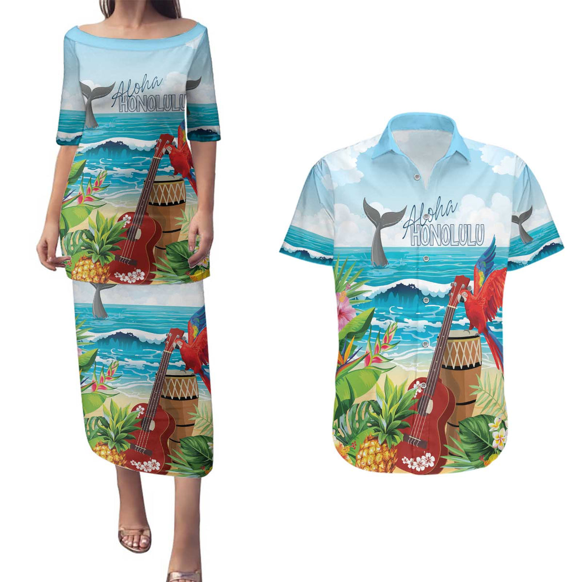 Aloha Honolulu Festival Couples Matching Puletasi and Hawaiian Shirt Ukulele By The Shore LT7 Art - Polynesian Pride