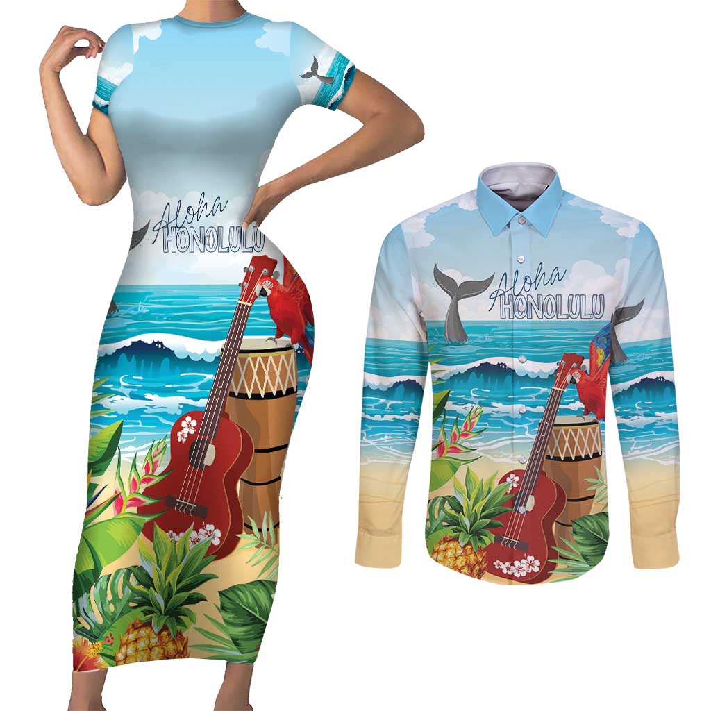 Aloha Honolulu Festival Couples Matching Short Sleeve Bodycon Dress and Long Sleeve Button Shirt Ukulele By The Shore LT7 Art - Polynesian Pride