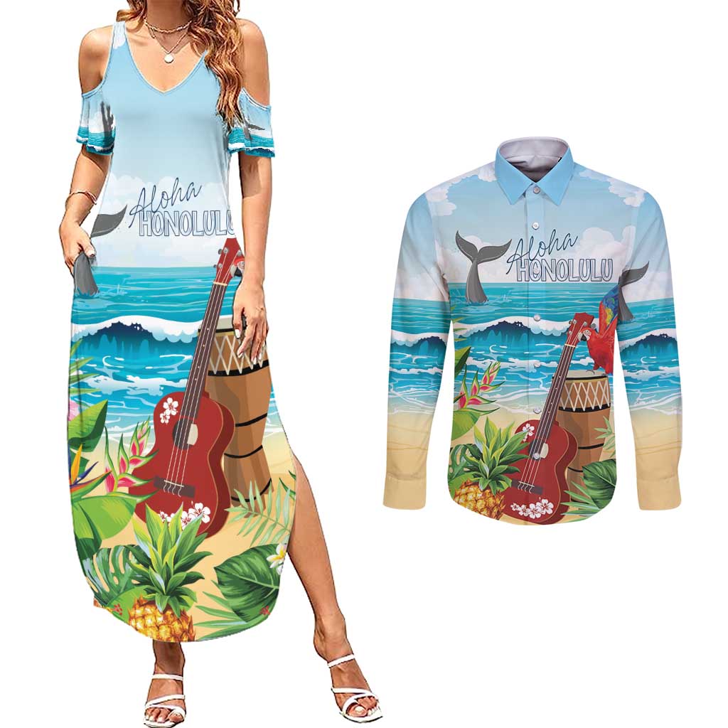 Aloha Honolulu Festival Couples Matching Summer Maxi Dress and Long Sleeve Button Shirt Ukulele By The Shore