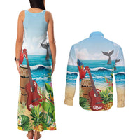 Aloha Honolulu Festival Couples Matching Tank Maxi Dress and Long Sleeve Button Shirt Ukulele By The Shore LT7 - Polynesian Pride