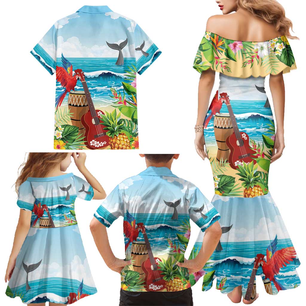 Aloha Honolulu Festival Family Matching Mermaid Dress and Hawaiian Shirt Ukulele By The Shore LT7 - Polynesian Pride