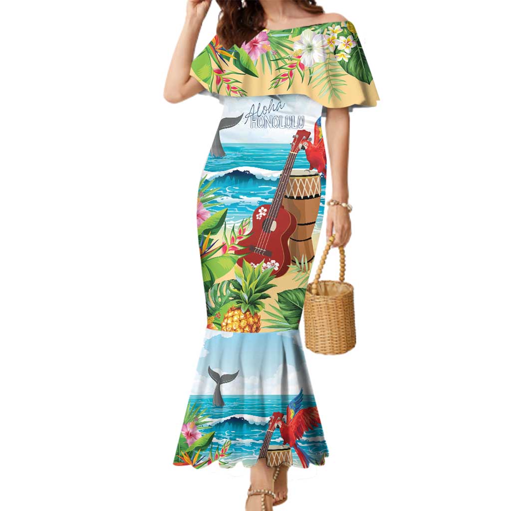 Aloha Honolulu Festival Family Matching Mermaid Dress and Hawaiian Shirt Ukulele By The Shore LT7 Mom's Dress Art - Polynesian Pride