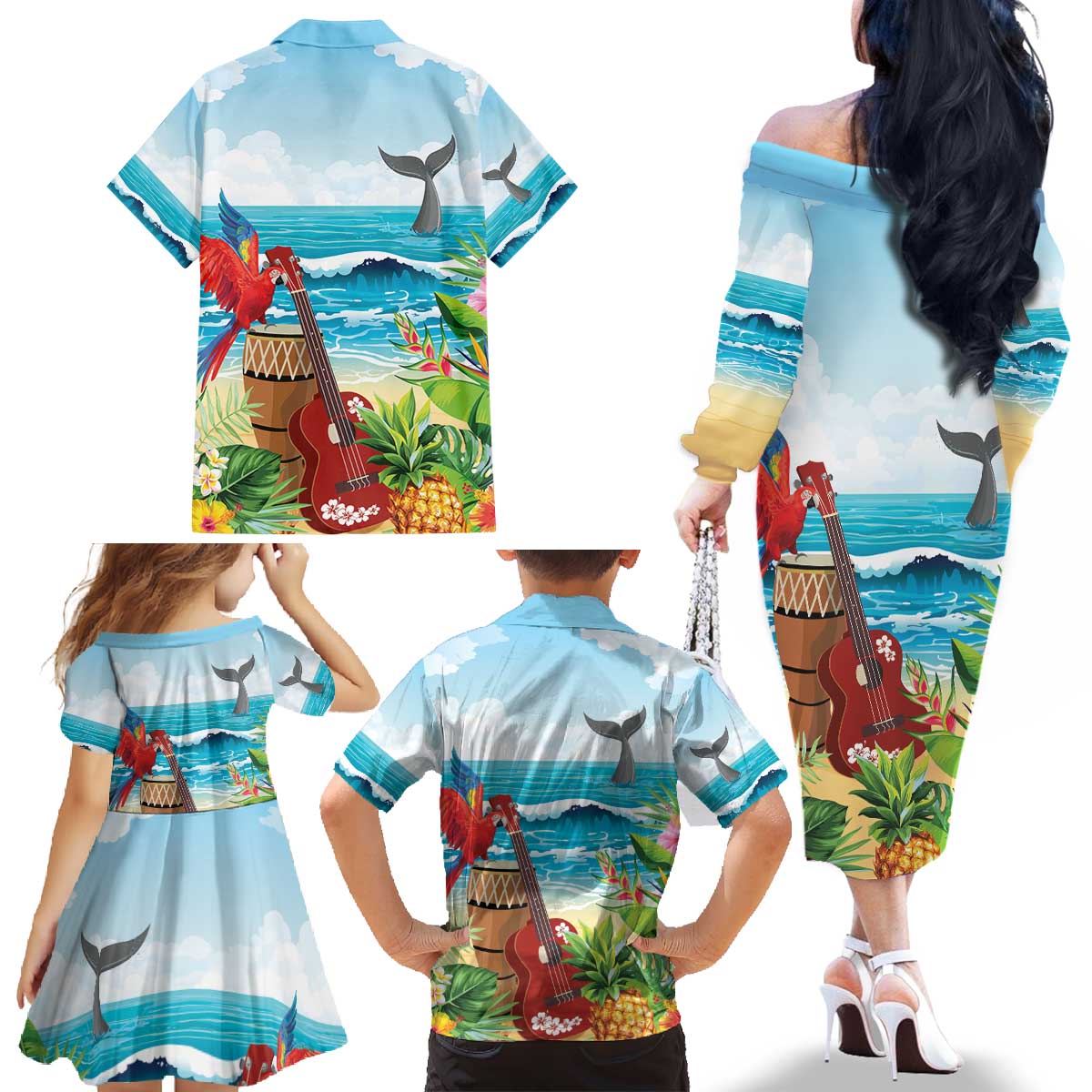Aloha Honolulu Festival Family Matching Off The Shoulder Long Sleeve Dress and Hawaiian Shirt Ukulele By The Shore LT7 - Polynesian Pride