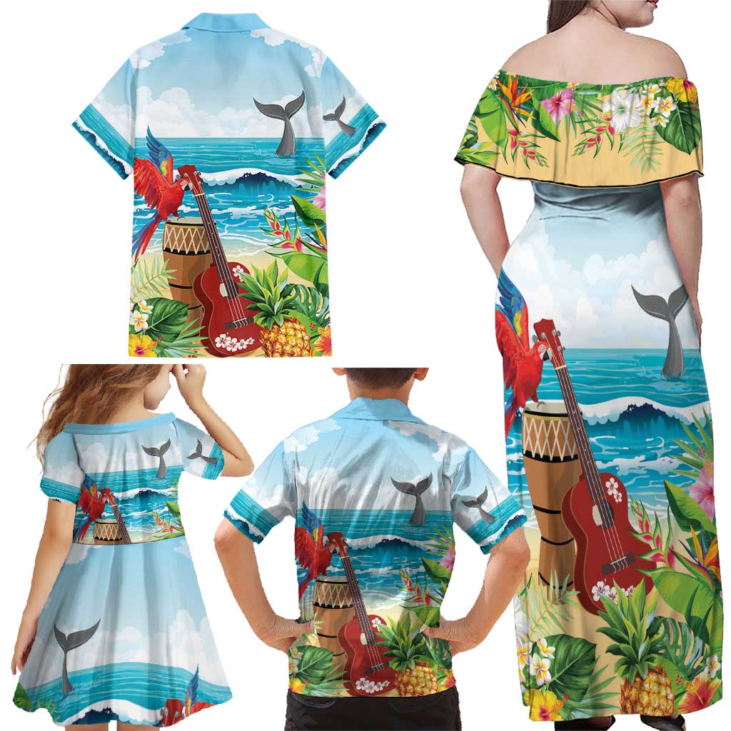 Aloha Honolulu Festival Family Matching Off Shoulder Maxi Dress and Hawaiian Shirt Ukulele By The Shore LT7 - Polynesian Pride