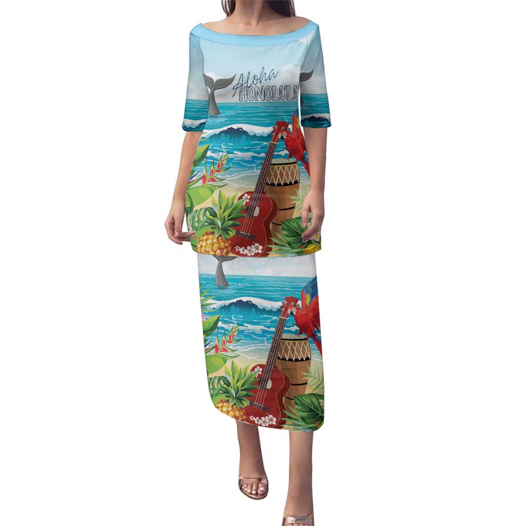 Aloha Honolulu Festival Family Matching Puletasi and Hawaiian Shirt Ukulele By The Shore LT7 Mom's Dress Art - Polynesian Pride