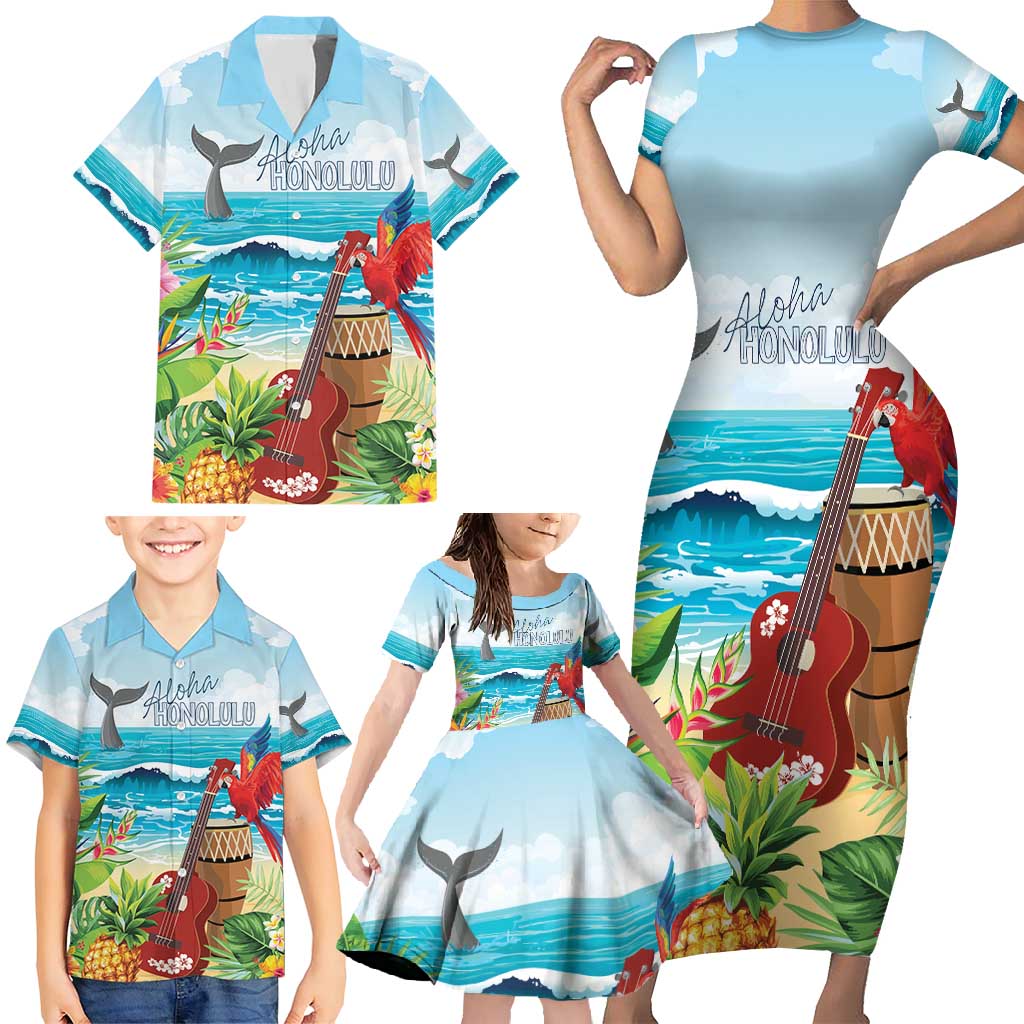 Aloha Honolulu Festival Family Matching Short Sleeve Bodycon Dress and Hawaiian Shirt Ukulele By The Shore LT7 - Polynesian Pride