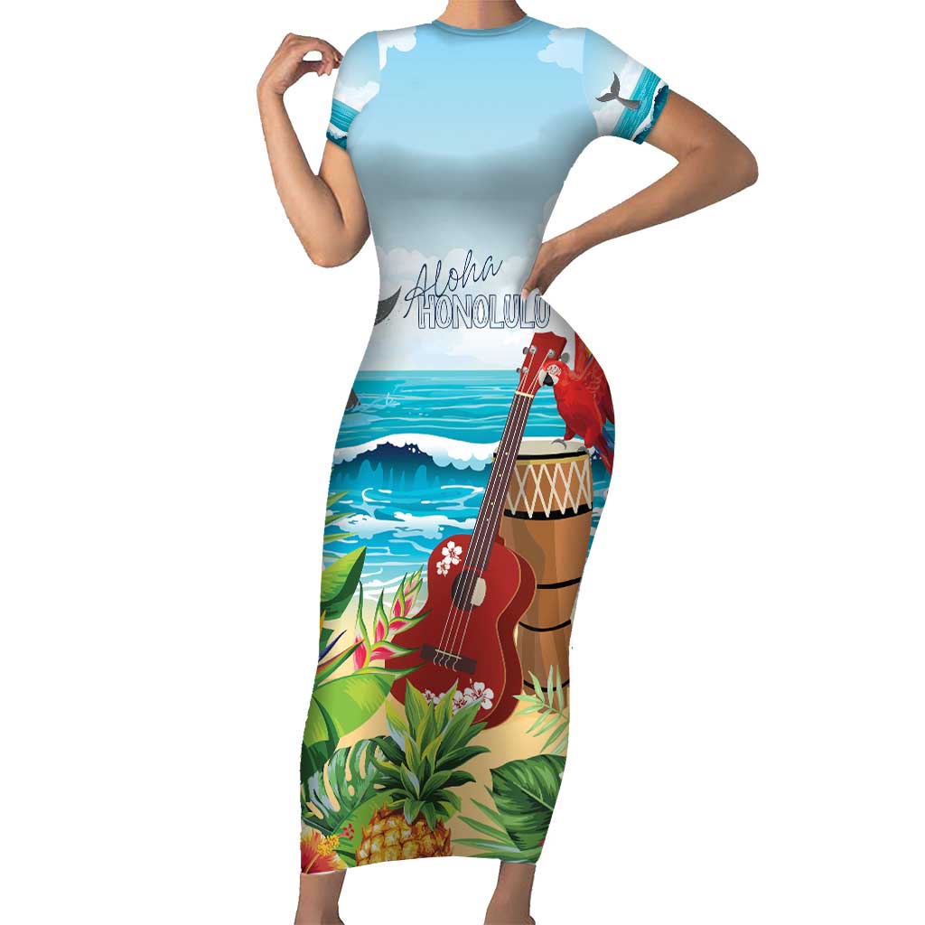 Aloha Honolulu Festival Family Matching Short Sleeve Bodycon Dress and Hawaiian Shirt Ukulele By The Shore LT7 Mom's Dress Art - Polynesian Pride