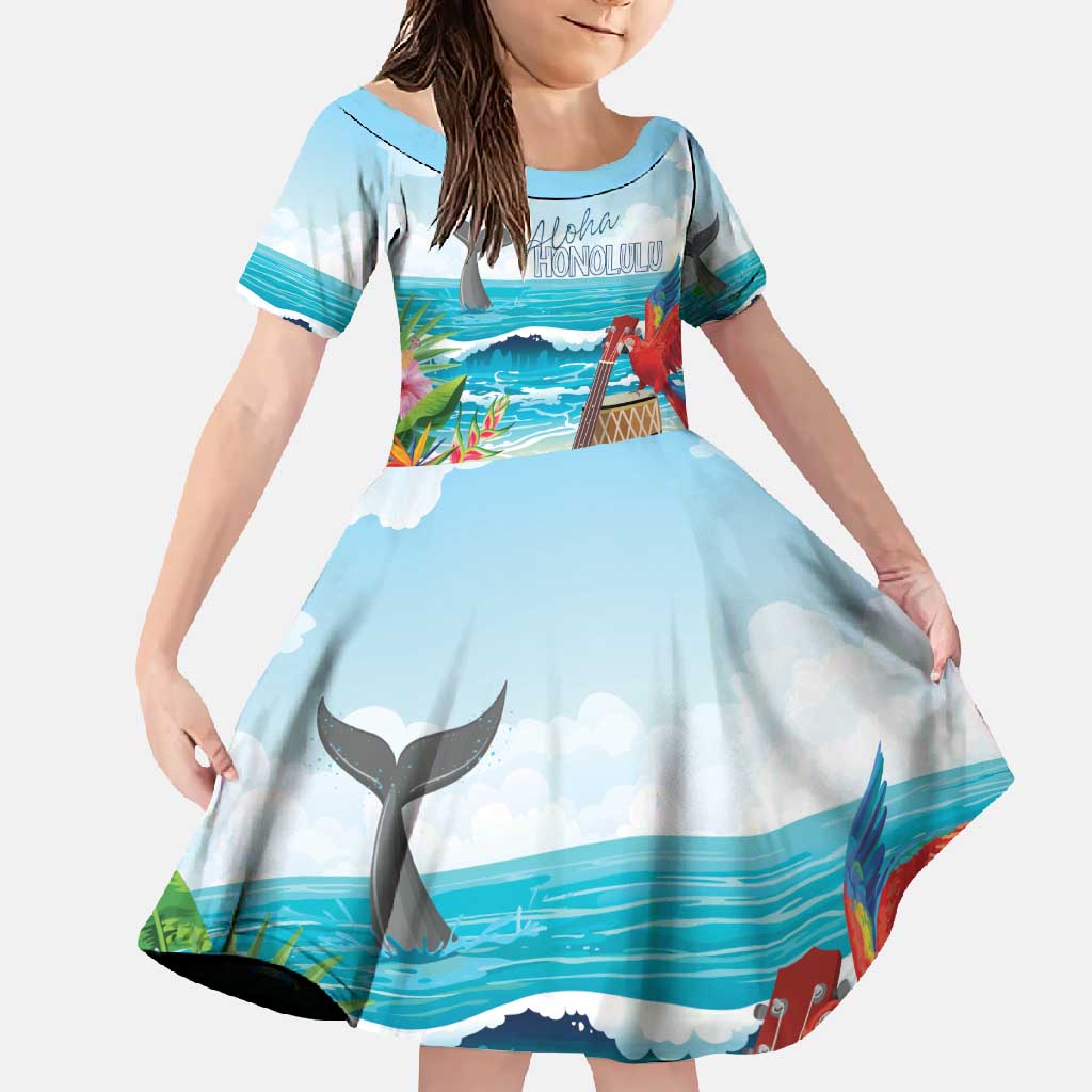 Aloha Honolulu Festival Family Matching Summer Maxi Dress and Hawaiian Shirt Ukulele By The Shore LT7 Daughter's Dress Art - Polynesian Pride