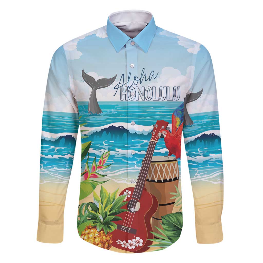 Aloha Honolulu Festival Family Matching Summer Maxi Dress and Hawaiian Shirt Ukulele By The Shore LT7 Dad's Shirt - Long Sleeve Art - Polynesian Pride
