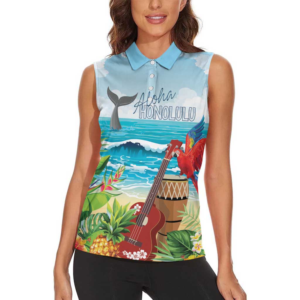 Aloha Honolulu Festival Women Sleeveless Polo Shirt Ukulele By The Shore LT7 - Polynesian Pride