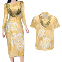 Aloha Honolulu Festival Couples Matching Long Sleeve Bodycon Dress and Hawaiian Shirt Hawaii Kapa Mix Flowers Lei LT7 Yellow - Polynesian Pride