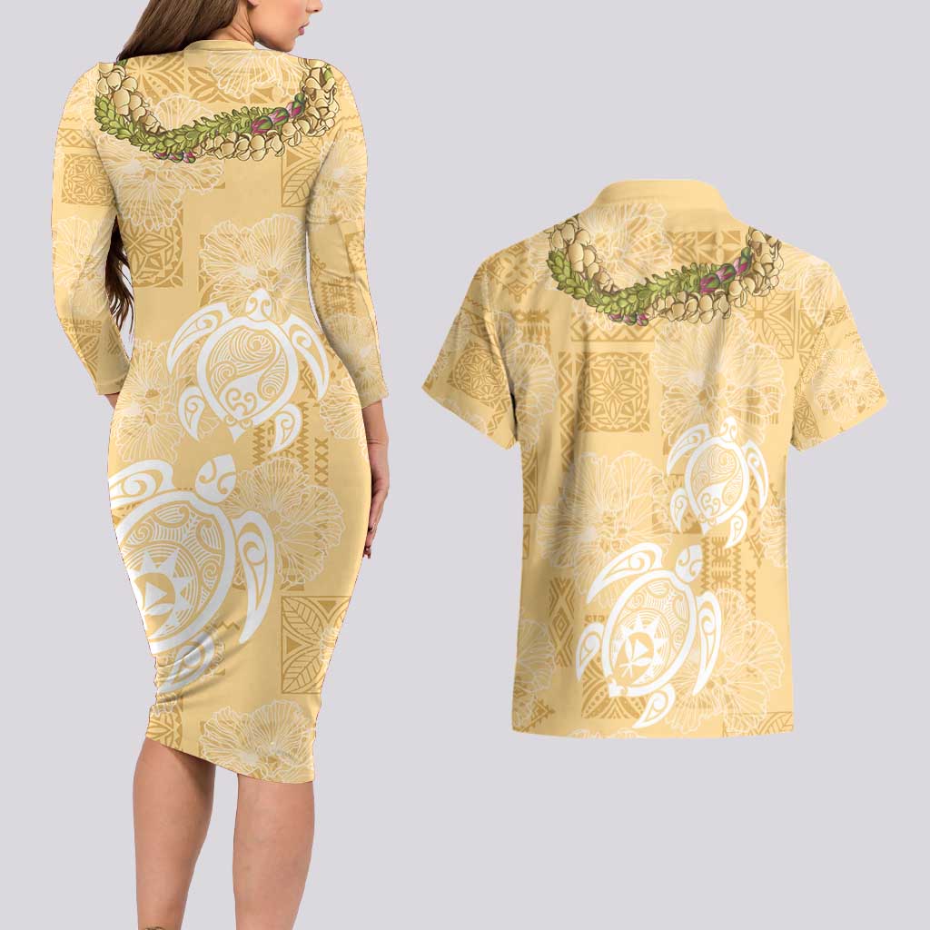 Aloha Honolulu Festival Couples Matching Long Sleeve Bodycon Dress and Hawaiian Shirt Hawaii Kapa Mix Flowers Lei LT7 - Polynesian Pride