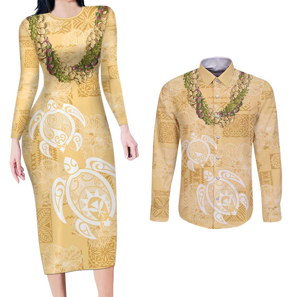 Aloha Honolulu Festival Couples Matching Long Sleeve Bodycon Dress and Long Sleeve Button Shirt Hawaii Kapa Mix Flowers Lei LT7 Yellow - Polynesian Pride