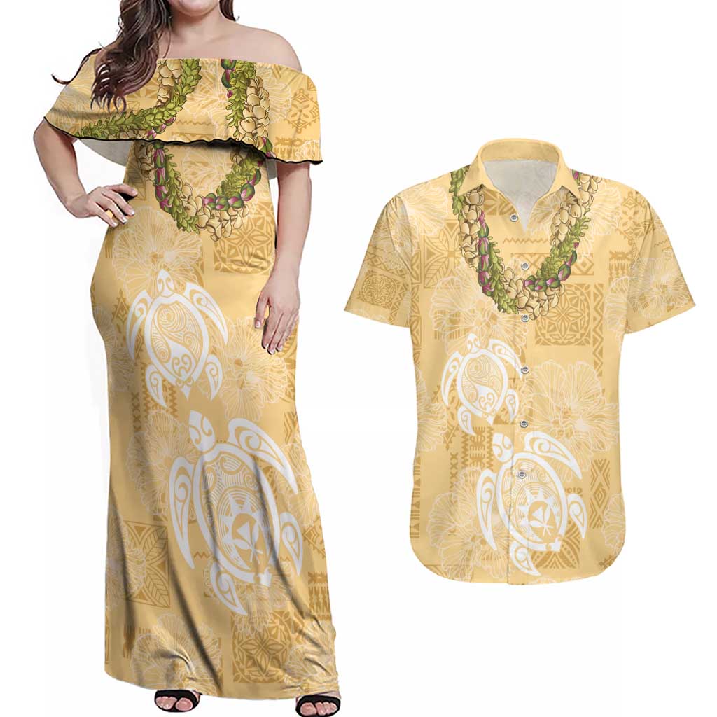 Aloha Honolulu Festival Couples Matching Off Shoulder Maxi Dress and Hawaiian Shirt Hawaii Kapa Mix Flowers Lei LT7 Yellow - Polynesian Pride