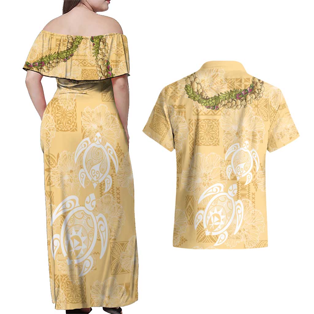Aloha Honolulu Festival Couples Matching Off Shoulder Maxi Dress and Hawaiian Shirt Hawaii Kapa Mix Flowers Lei LT7 - Polynesian Pride