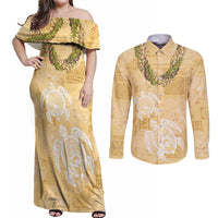Aloha Honolulu Festival Couples Matching Off Shoulder Maxi Dress and Long Sleeve Button Shirt Hawaii Kapa Mix Flowers Lei LT7 Yellow - Polynesian Pride