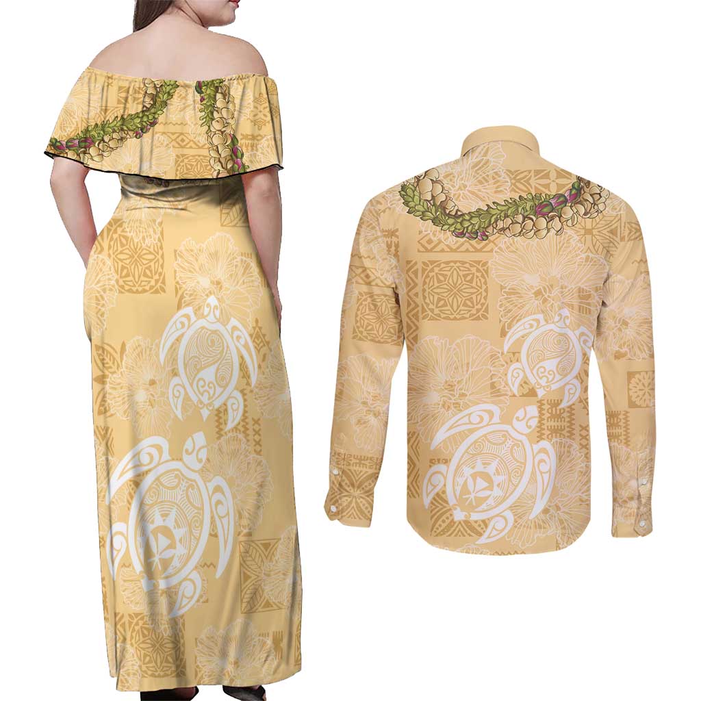 Aloha Honolulu Festival Couples Matching Off Shoulder Maxi Dress and Long Sleeve Button Shirt Hawaii Kapa Mix Flowers Lei LT7 - Polynesian Pride