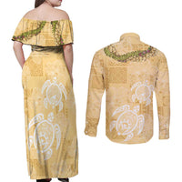 Aloha Honolulu Festival Couples Matching Off Shoulder Maxi Dress and Long Sleeve Button Shirt Hawaii Kapa Mix Flowers Lei LT7 - Polynesian Pride