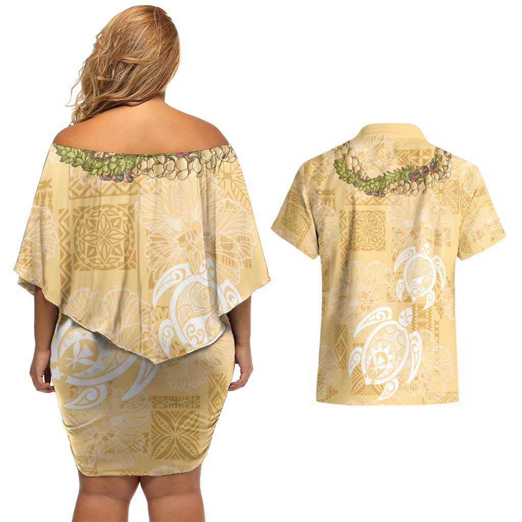 Aloha Honolulu Festival Couples Matching Off Shoulder Short Dress and Hawaiian Shirt Hawaii Kapa Mix Flowers Lei LT7 - Polynesian Pride