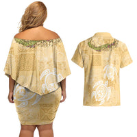 Aloha Honolulu Festival Couples Matching Off Shoulder Short Dress and Hawaiian Shirt Hawaii Kapa Mix Flowers Lei LT7 - Polynesian Pride