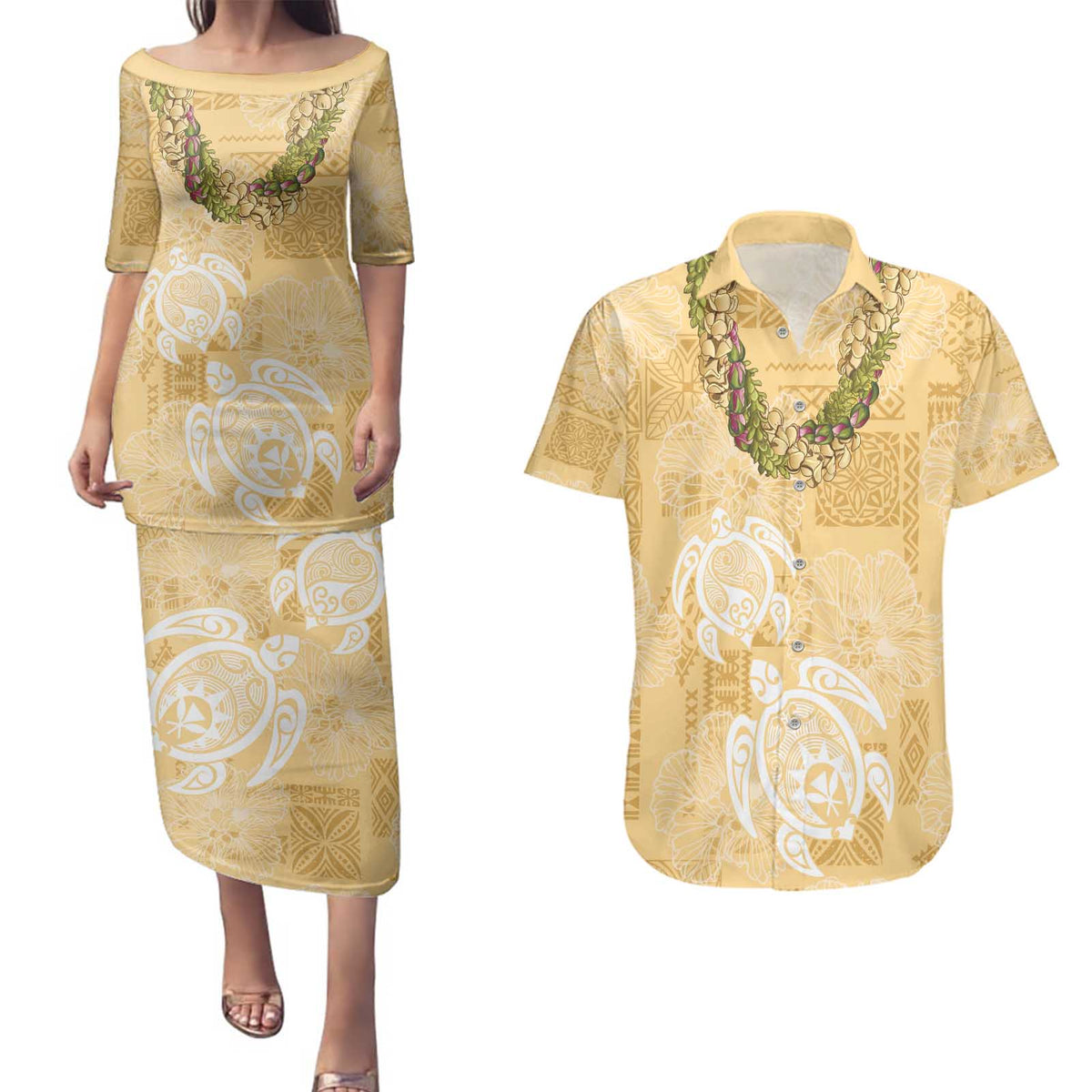 Aloha Honolulu Festival Couples Matching Puletasi and Hawaiian Shirt Hawaii Kapa Mix Flowers Lei LT7 Yellow - Polynesian Pride